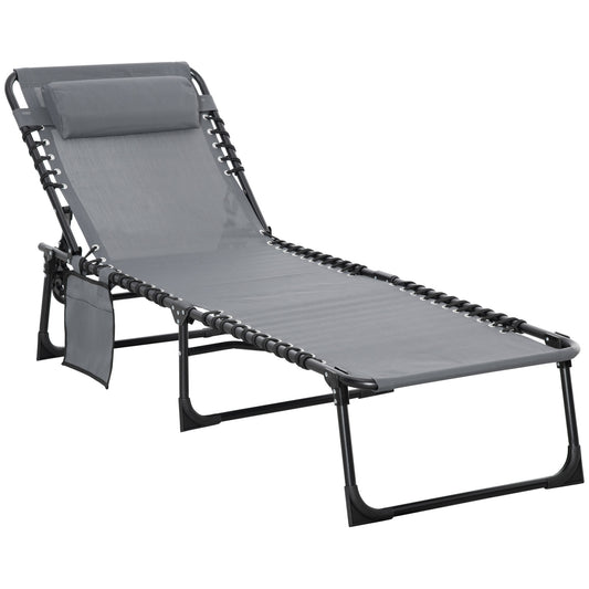 Photo of Outsunny Portable Sun Lounger, Folding Camping Bed Cot, Reclining Lounge Chair 5-position Adjustable Backrest with Side Pocket, Pillow for Patio Garden Beach Pool, Grey in Grey colour on a white background