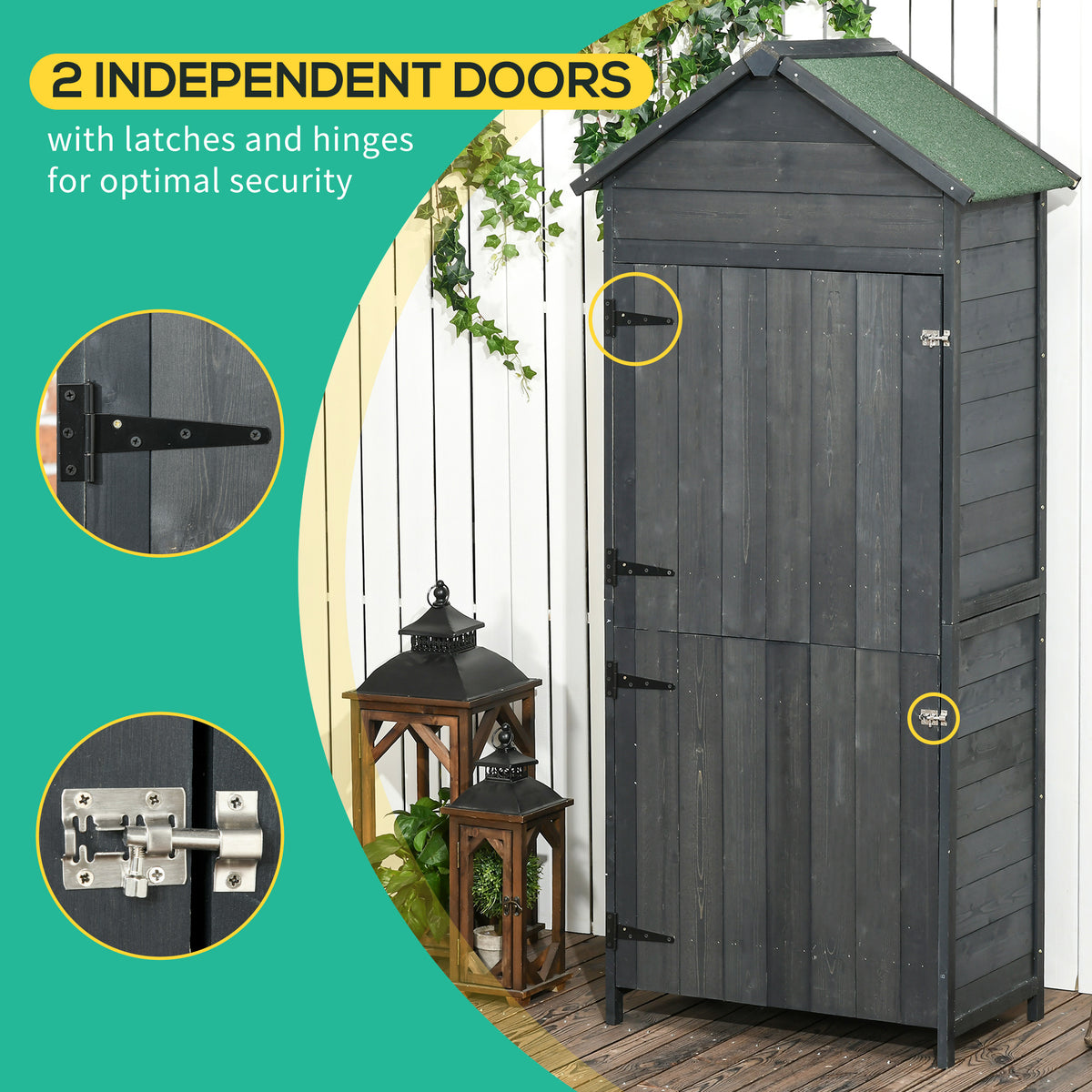 Outsunny gray wooden garden shed with two closed doors, visible hinges and latch hardware