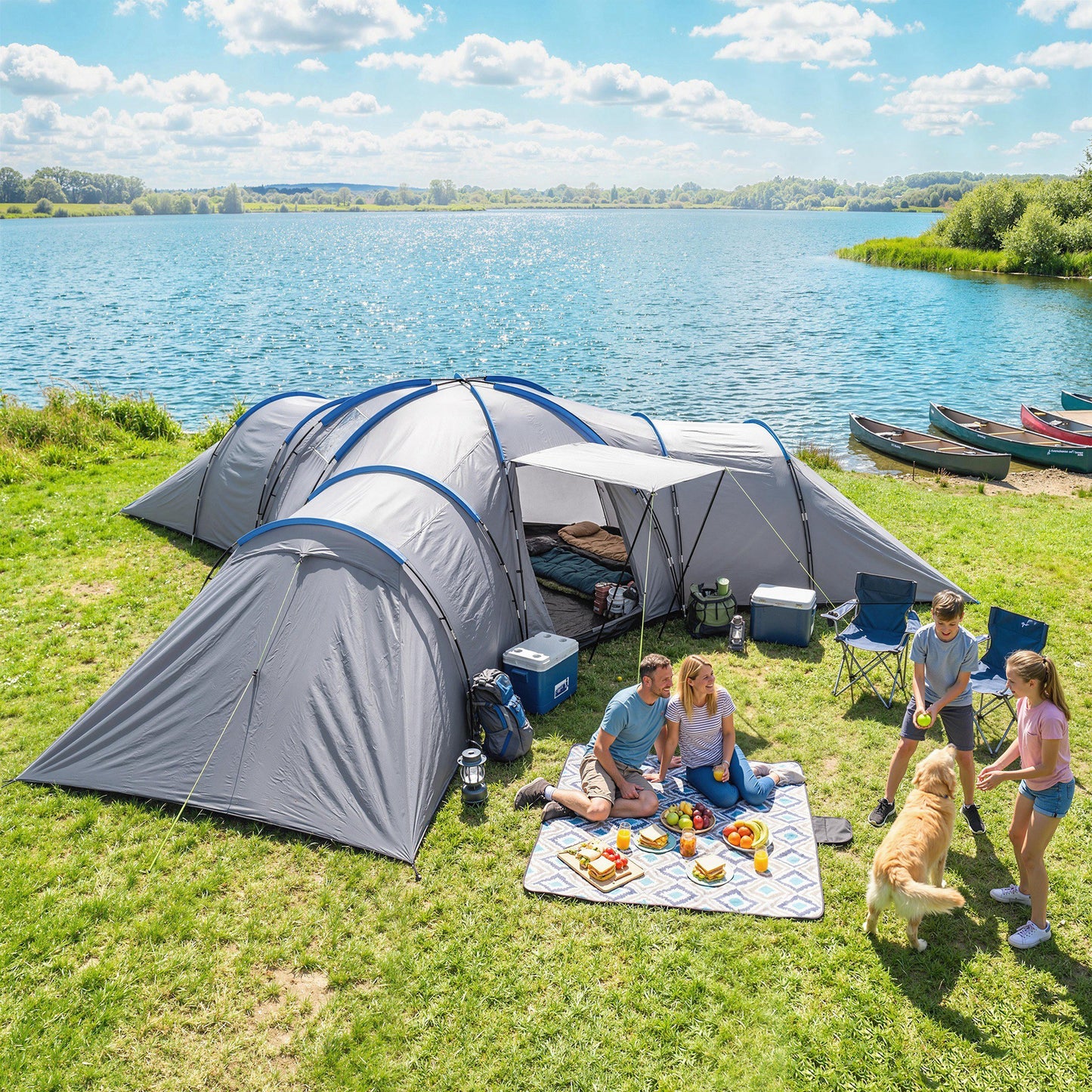 Outsunny 6-9 Man Large Tunnel Tent with 3 Bedrooms, Living Area and Porch, Light Grey