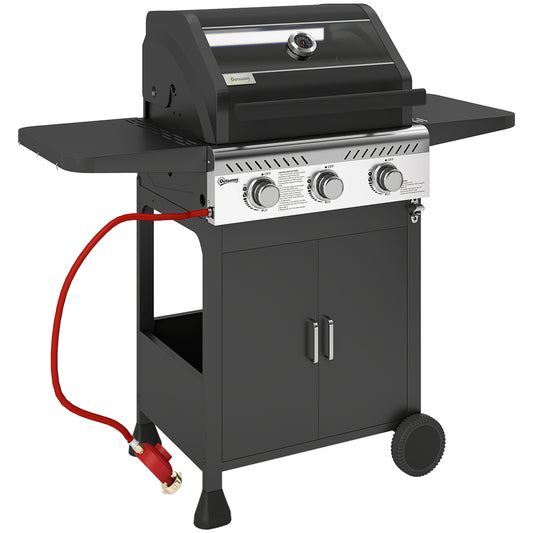 Photo of Outsunny 7.5kW Three-Burner Gas BBQ Grill, with See-Through Lid - Black in Black colour on a white background