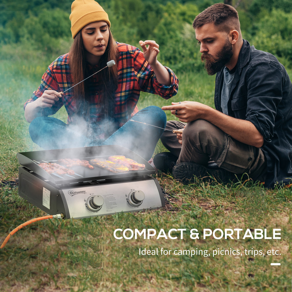 Outsunny Gas Plancha Barbecue Grill with 2 Stainless Steel Burner, 5kW, Portable Tabletop Gas BBQ with Non-Stick Griddle for Camping Picnic Garden Party Festival