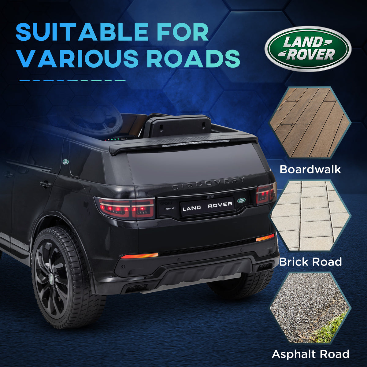 Rear view of black AIYAPLAY Land Rover Discovery Sport ride-on car