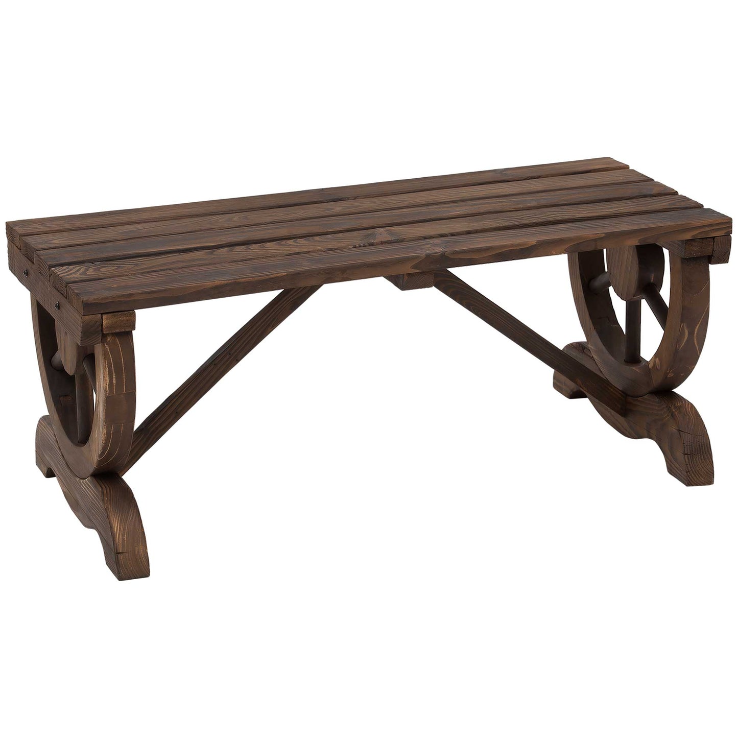 Photo of Outsunny Garden Rustic Wooden Bench Wheel-Shaped Legs Slatted Seat Stable Reinforced Structure Outdoor Patio Garden 2-Person Bench Seat - Brown in Brown colour on a white background
