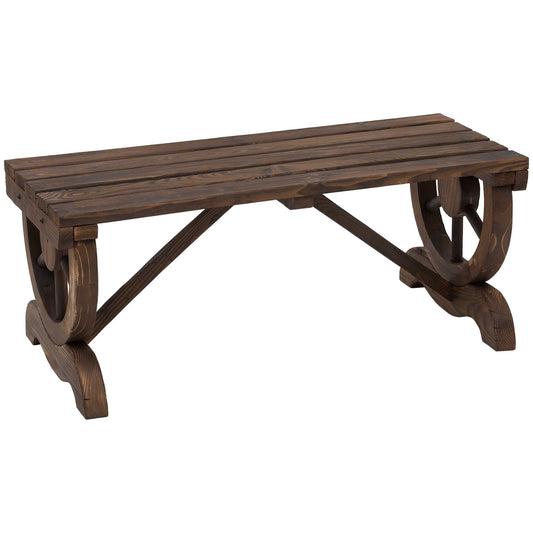 Photo of Outsunny Garden Rustic Wooden Bench Wheel-Shaped Legs Slatted Seat Stable Reinforced Structure Outdoor Patio Garden 2-Person Bench Seat - Brown in Brown colour on a white background
