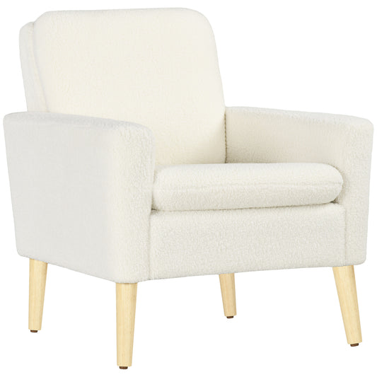 Photo of HOMCOM Armchair, Upholstered Accent Chair with Wood Legs and Wide Padded Seat, Teddy Occasional Chair, Cream White in White colour on a white background