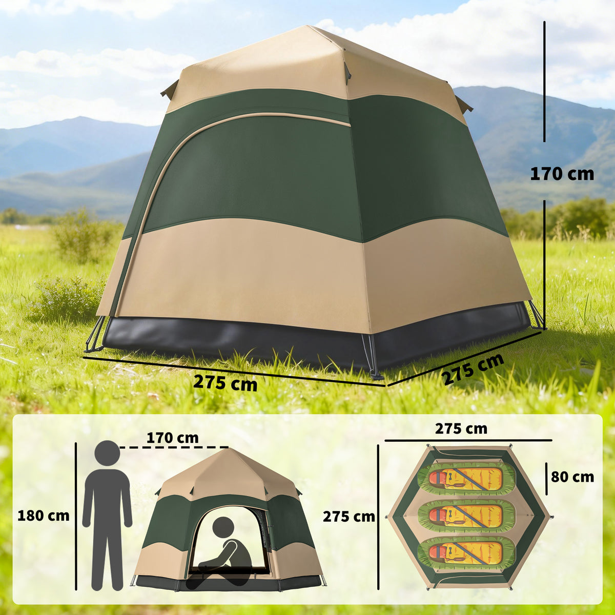 Outsunny 3 Man Instant Pop Up Tent with Rainfly, Portable Camping Shelter with Sewn-in Groundsheet, Carry Bag, Khaki