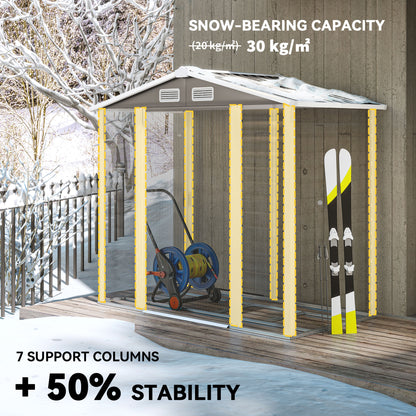 Metal garden shed with seven support columns and storage for garden tools