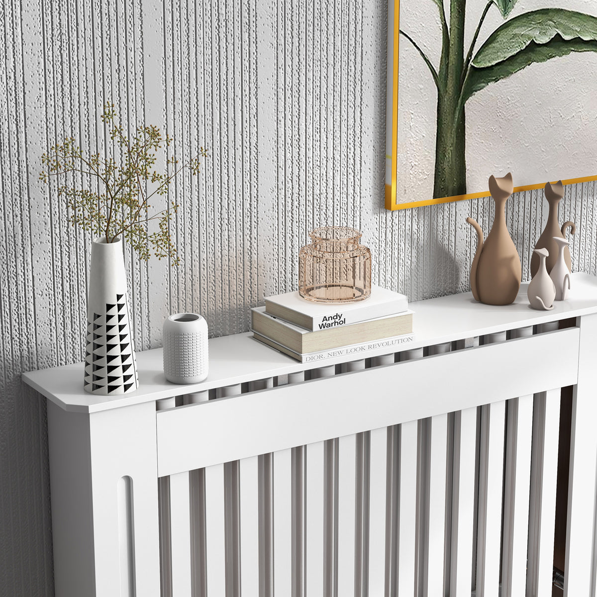 White radiator cover with a broad display shelf and vertical front slats