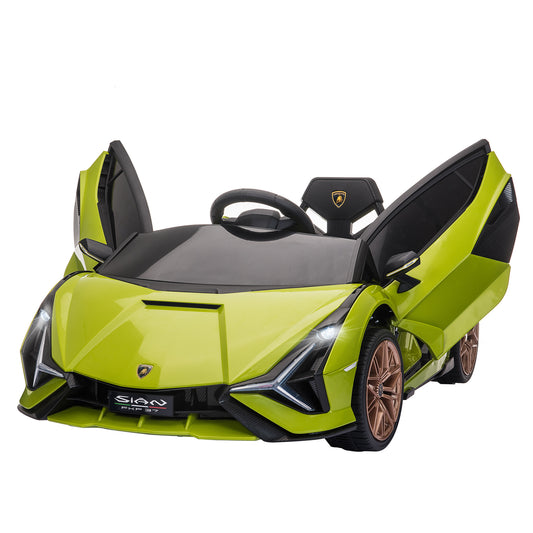 Photo of HOMCOM Lamborghini Sian Licensed Electric Car for Kids, 12V Kids Electric Ride on Car with Dual Motors, Remote Control, Green in Green colour on a white background