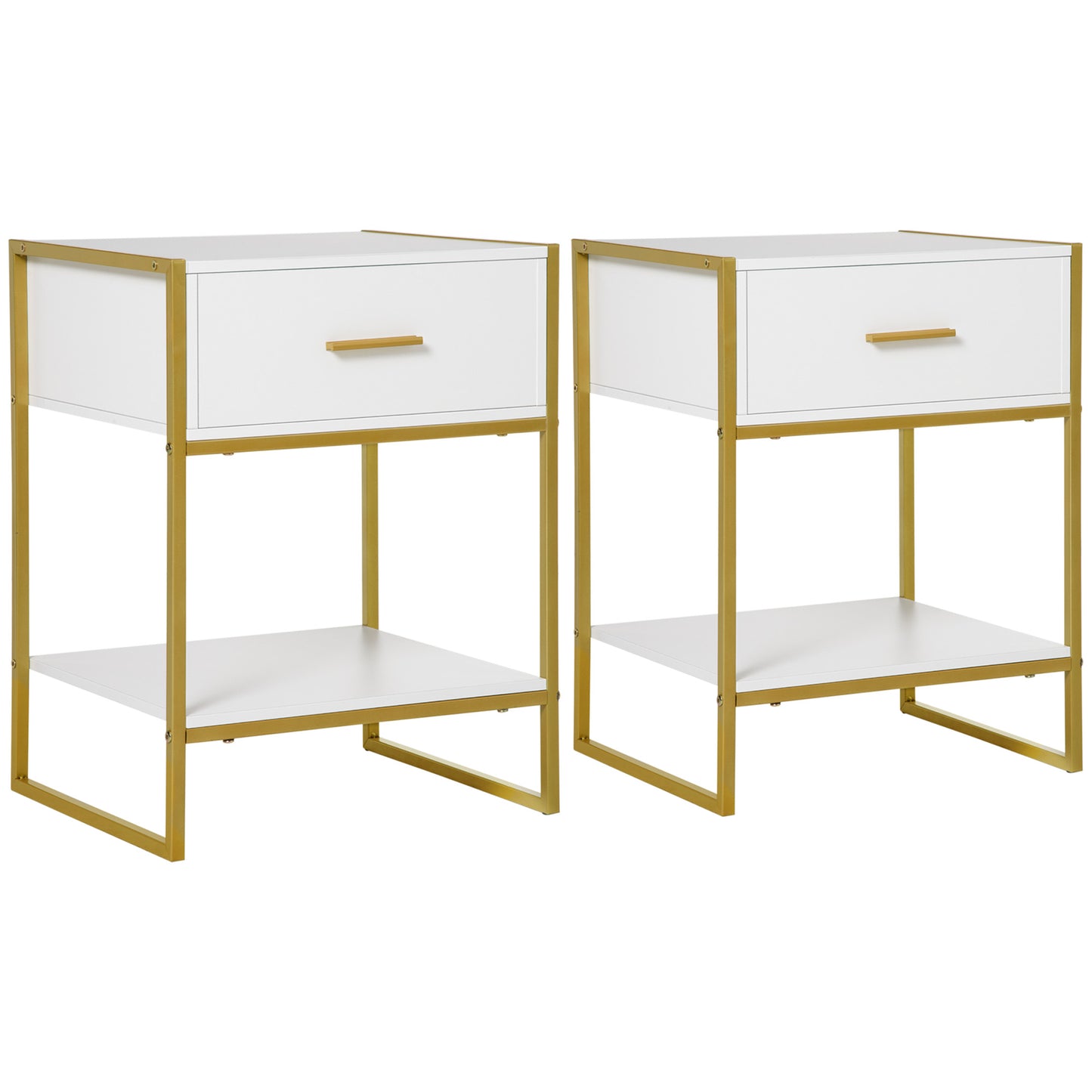 Photo of HOMCOM Bedside Table Set of 2, Modern Side Tables with Drawer and Shelf, Nightstands for Bedroom, White in White colour on a white background