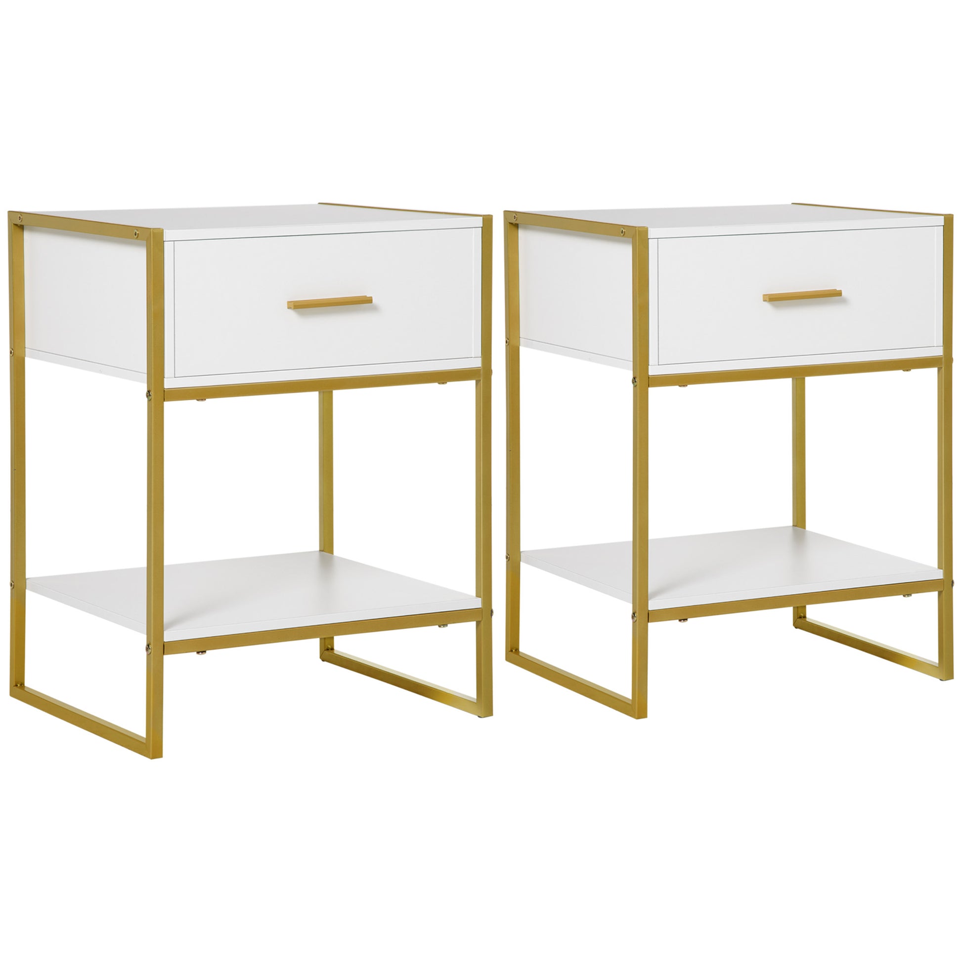 Photo of HOMCOM Bedside Table Set of 2, Modern Side Tables with Drawer and Shelf, Nightstands for Bedroom, White in White colour on a white background