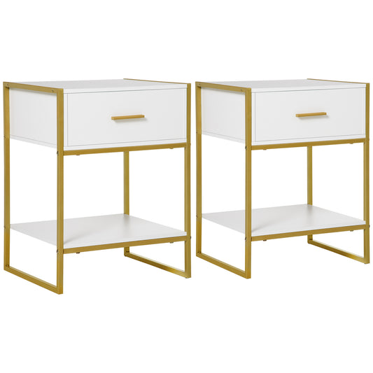 Photo of HOMCOM Bedside Table Set of 2, Modern Side Tables with Drawer and Shelf, Nightstands for Bedroom, White in White colour on a white background
