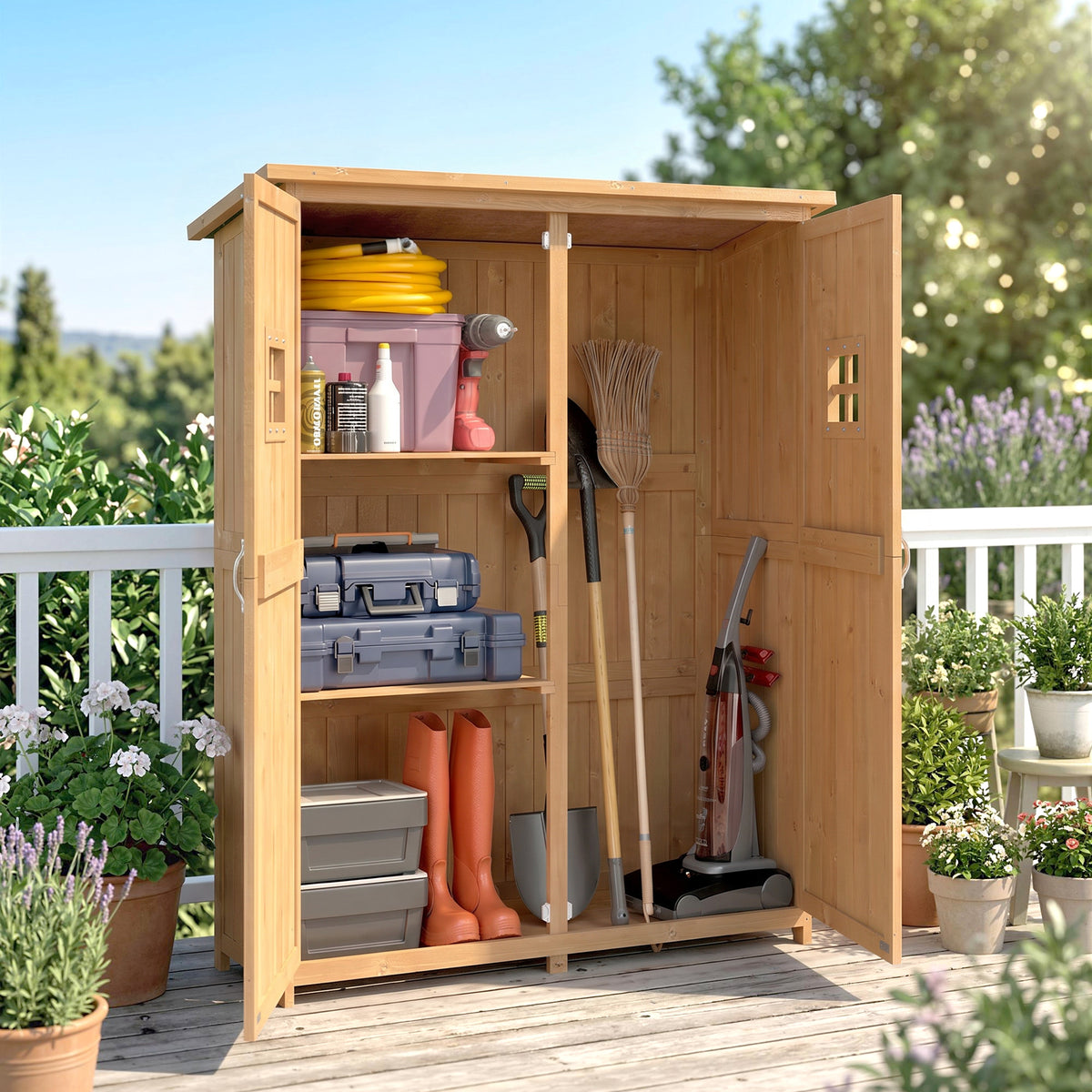 Open wooden garden shed storing toolboxes, boots, bottles and garden tools