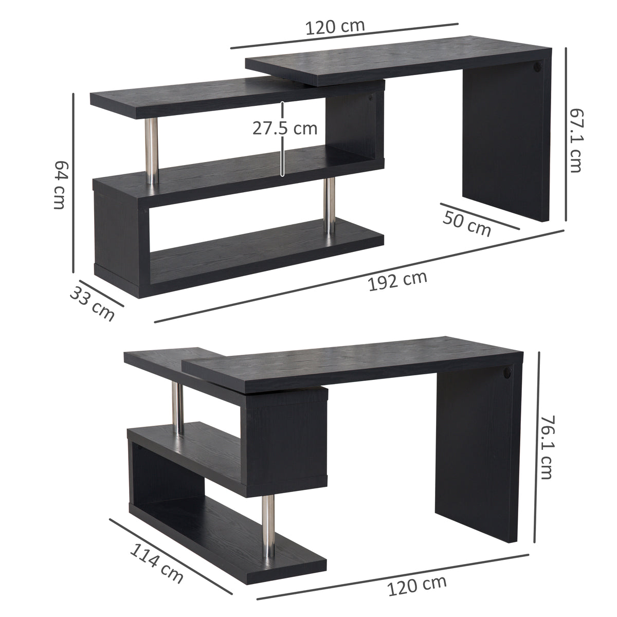 Black L-shaped computer desk with two-tier rotating shelves and dimension labels.