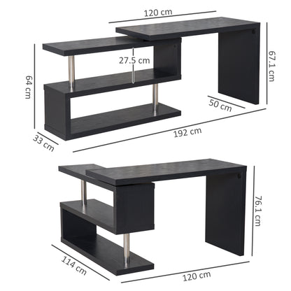 Black L-shaped computer desk with two-tier rotating shelves and dimension labels.