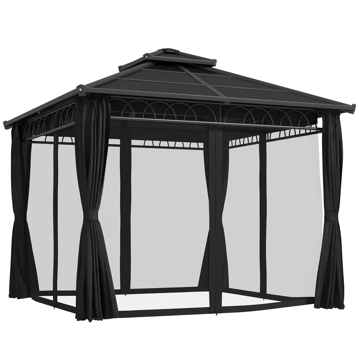 Dark grey polycarbonate hard-top gazebo with double roof, steel frame, mesh panels and curtains.