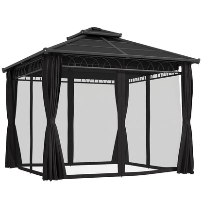 Dark grey polycarbonate hard-top gazebo with double roof, steel frame, mesh panels and curtains.