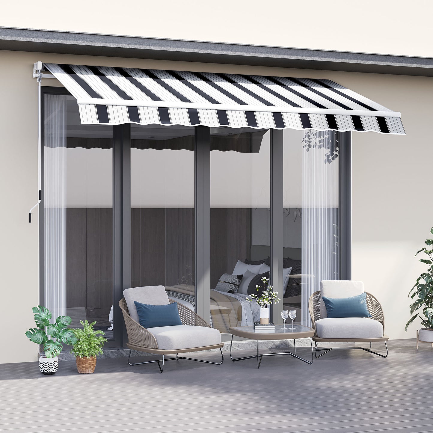 Outsunny 2.5x2 m Manual Retractable Awning, Garden Awning with 90% UV block -Dark Blue/White Stripes