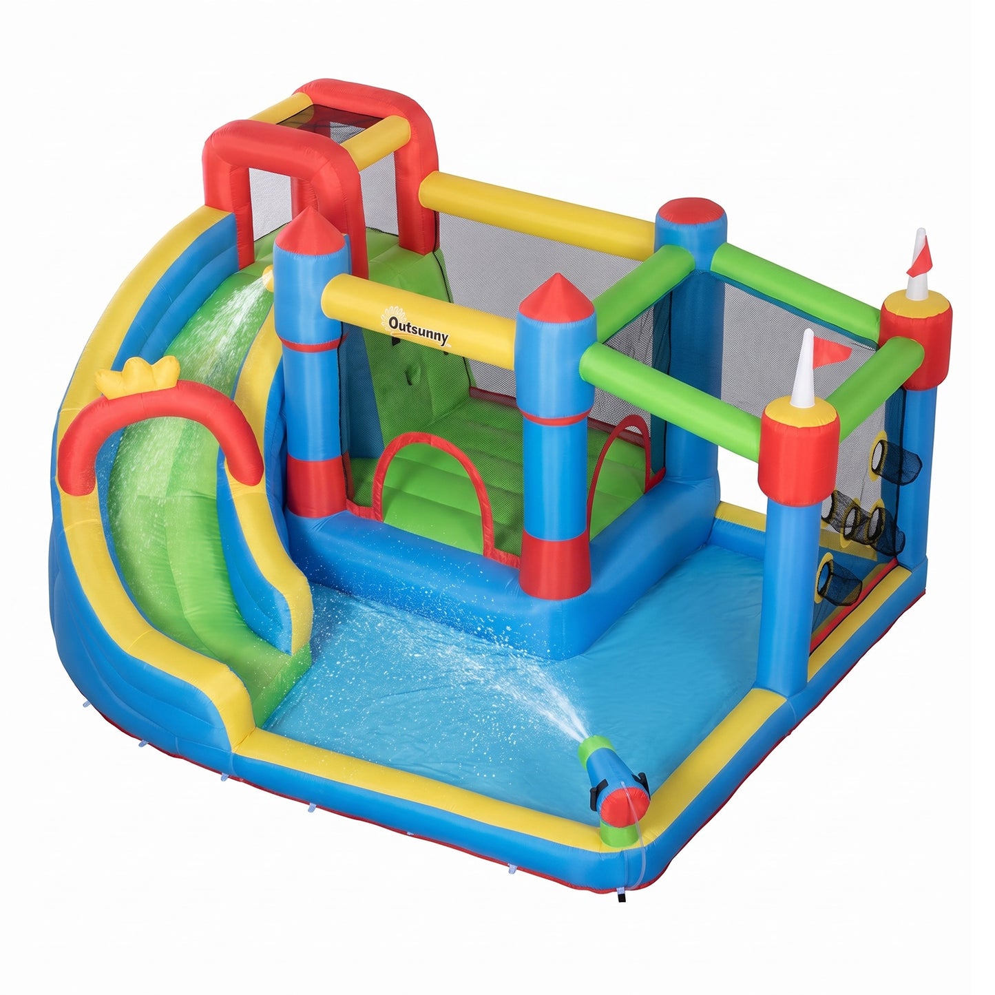 Photo of Outsunny 6 in 1 Kids Bouncy Castle, with Water Slide, Water Gun, Climbing Wall, Air Blower for Indoors/Outdoors, 3.9 x 3 x 2m in 2m colour on a white background