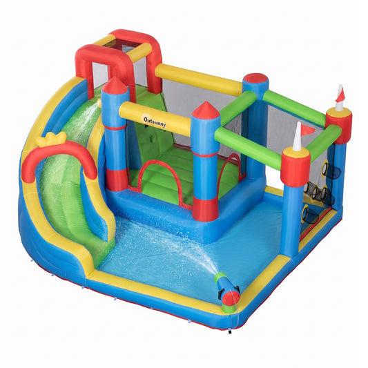 Photo of Outsunny 6 in 1 Kids Bouncy Castle, with Water Slide, Water Gun, Climbing Wall, Air Blower for Indoors/Outdoors, 3.9 x 3 x 2m in 2m colour on a white background