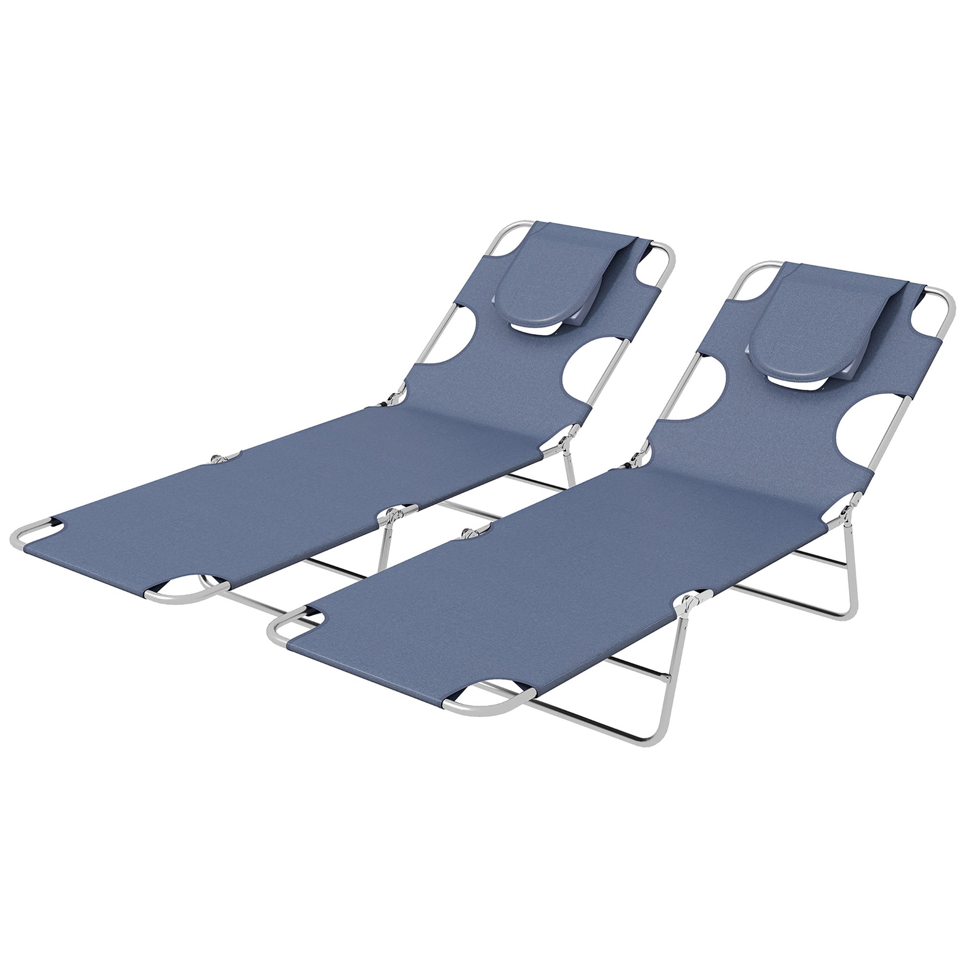 Photo of Outsunny Foldable Sun Lounger Set of 2 with Reading Hole, Portable Sun Lounger with 5 Level Adjustable Backrest, Reclining Lounge Chair with Side Pocket, Headrest Pillow, Grey in Grey colour on a white background