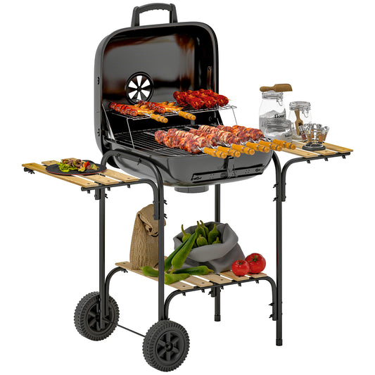 Photo of Outsunny Charcoal Barbecue Grill Portable BBQ Grill with 1840 cm² Cooking Area, 3 Shelves, Adjustable Vent, Lockable Lid, Wheels for Outdoor Cooking, Garden Party, Black in Black colour on a white background