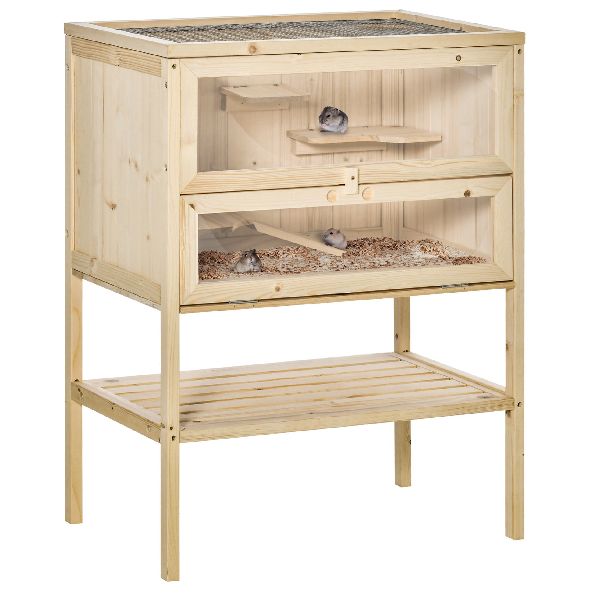Photo of PawHut Wooden Hamster Cage with Storage Shelf, Small Animal Exercise Play House with Openable Top, Ramp for Gerbils, Drawf Hamsters, 60 x 40 x 80 cm - Natural in Natural colour on a white background