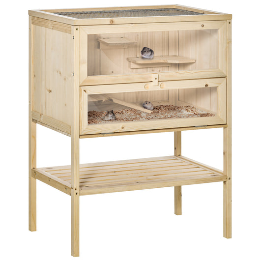 Photo of PawHut Wooden Hamster Cage with Storage Shelf, Small Animal Exercise Play House with Openable Top, Ramp for Gerbils, Drawf Hamsters, 60 x 40 x 80 cm - Natural in Natural colour on a white background