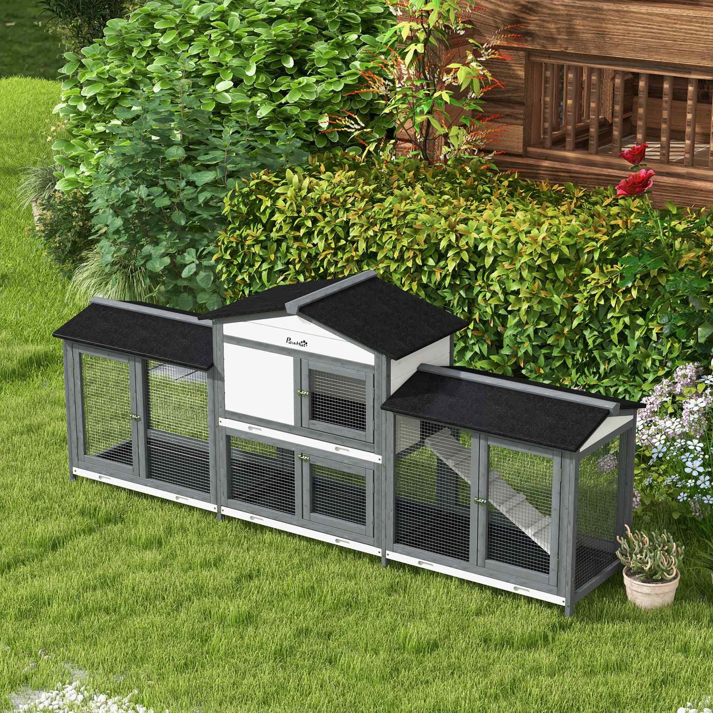 PawHut 2-Tier Large Rabbit Hutch Outdoor with Double Side Run Boxes, No-leak Plastic Tray, Ramp, 230 x 53 x 93.5cm, Light Grey
