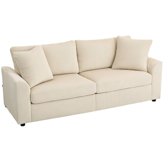 Photo of HOMCOM 3 Seater Sofa, 212cm Corduroy Couch with Spring Cushion, Wide and Deep Seat, Plush Backrest, 2 Pillows, Sofa Settee for Living Room, Home Office, Cream White in White colour on a white background