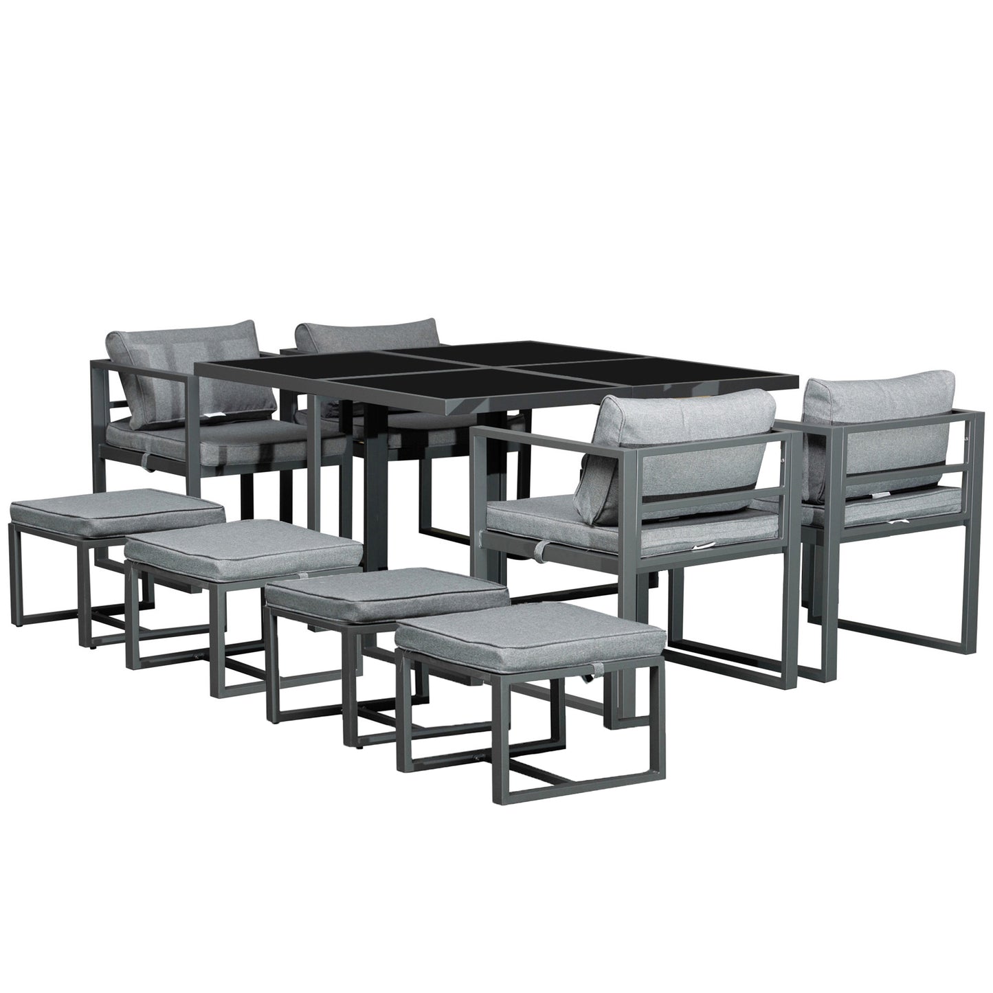 Photo of Outsunny 9PCs Patio Aluminium Dining Set, Space Saving Cube Set with 4 Chairs, 4 Ottoman, Cushions, 8 Seater Garden Furniture in Furniture colour on a white background