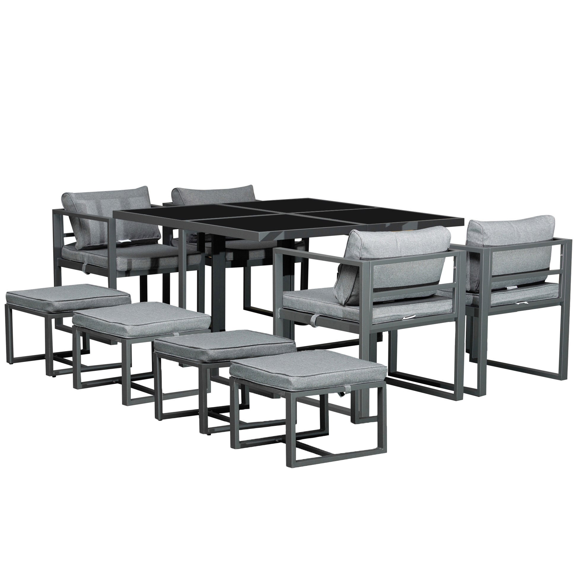Photo of Outsunny 9PCs Patio Aluminium Dining Set, Space Saving Cube Set with 4 Chairs, 4 Ottoman, Cushions, 8 Seater Garden Furniture in Furniture colour on a white background