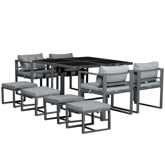 Photo of Outsunny 9PCs Patio Aluminium Dining Set, Space Saving Cube Set with 4 Chairs, 4 Ottoman, Cushions, 8 Seater Garden Furniture in Furniture colour on a white background