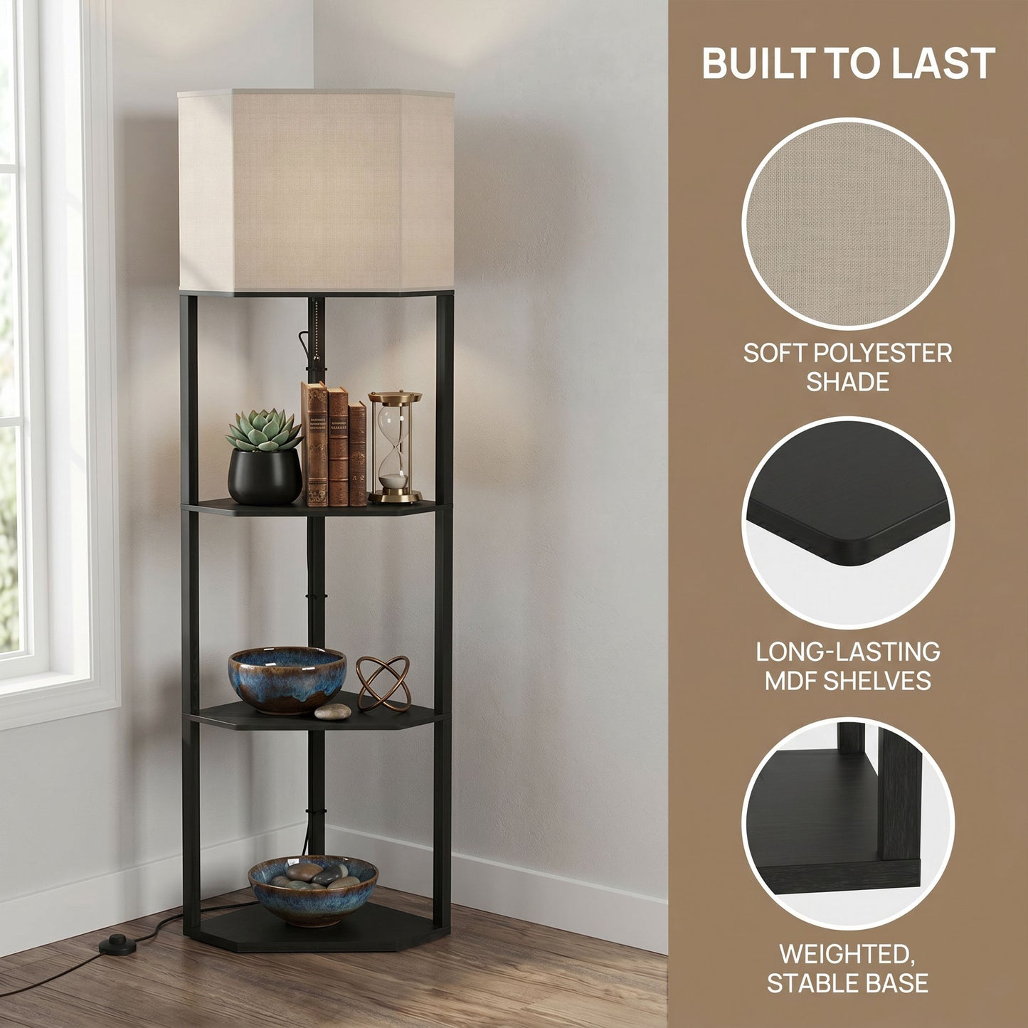 HOMCOM Corner Floor Lamp with Shelves and Lights, Modern Dimmable Standing Lamp with 3000K/4000K/6000K Colour Temperature