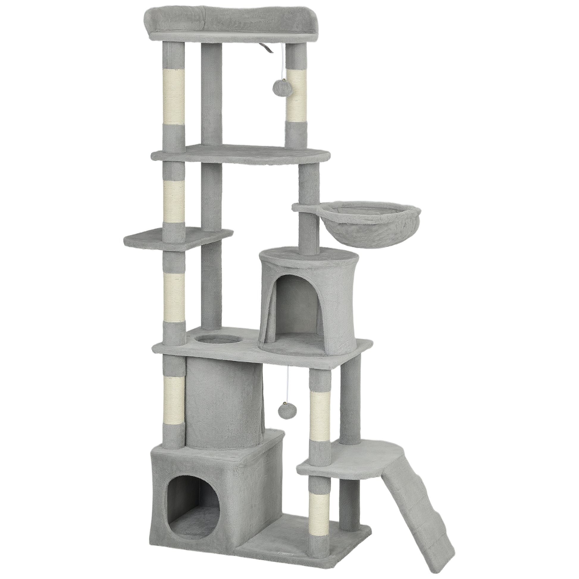 Photo of PawHut 170 cm Large Cat Tree, Cat Tower with 7 Scratching Posts, 2 Condos, Hammock,  Light Grey in Grey colour on a white background