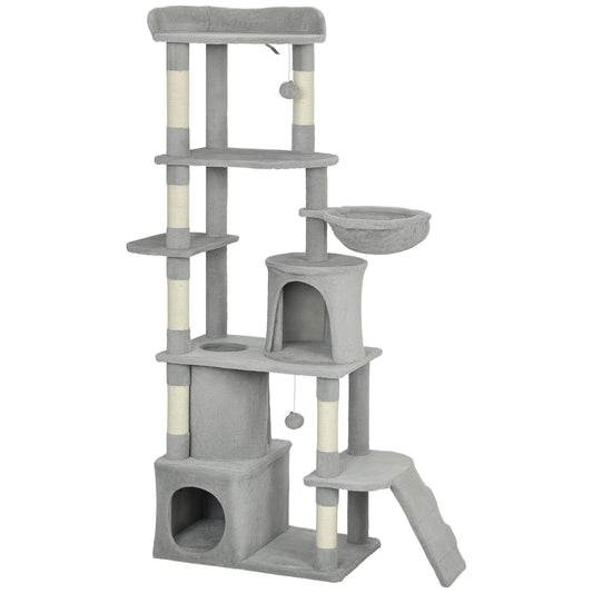 Photo of PawHut 170 cm Large Cat Tree, Cat Tower with 7 Scratching Posts, 2 Condos, Hammock,  Light Grey in Grey colour on a white background