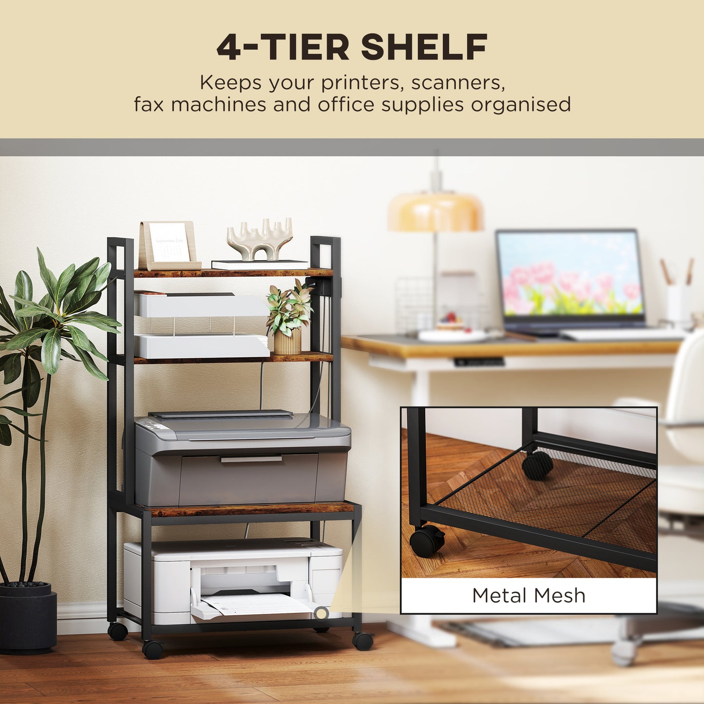 HOMCOM 4-Tier Printer Stand with Power Outlets and Wheels - Rustic Brown