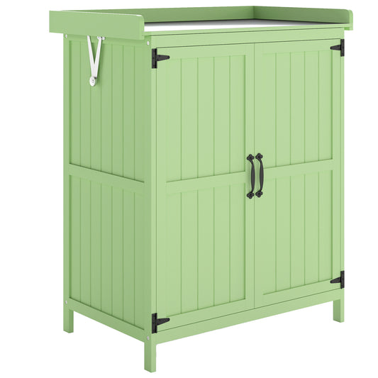Photo of Outsunny Wooden Garden Shed, Garden Tool Storage Shed with Hinged Roof and Shelf, Outdoor Storage Cabinet with Double Doors, Light Green in Green colour on a white background