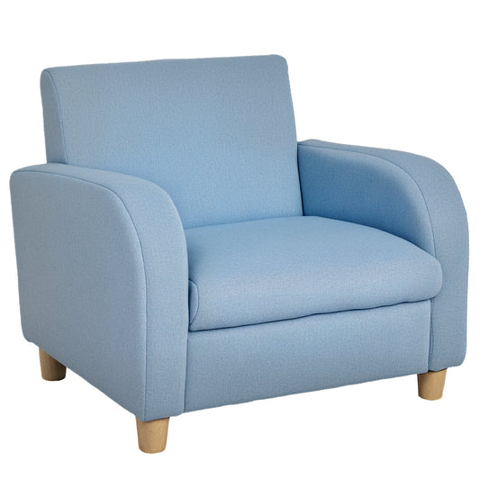 Blue toddler armchair with upholstered high back, cushioned seat, wide arms, and wooden legs