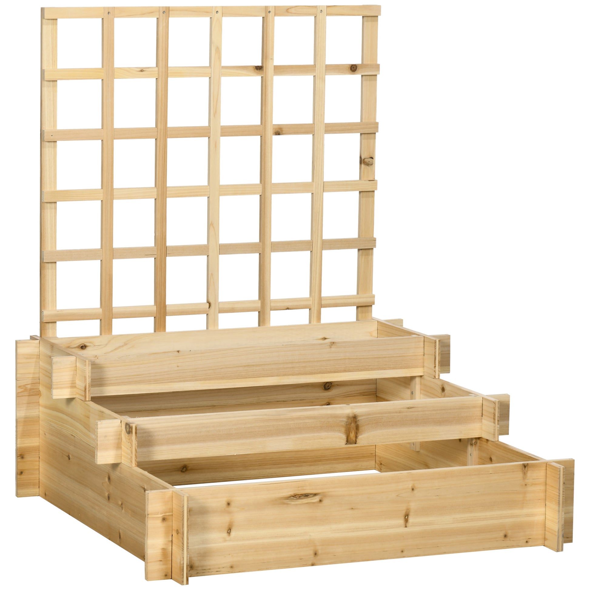 Photo of Outsunny 3 Tier Garden Planters with Trellis for Vine Climbing, Wooden Raised Beds, 95x95x110cm, Natural Tone in Tone colour on a white background