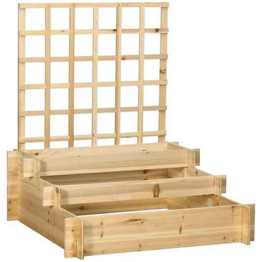 Photo of Outsunny 3 Tier Garden Planters with Trellis for Vine Climbing, Wooden Raised Beds, 95x95x110cm, Natural Tone in Tone colour on a white background