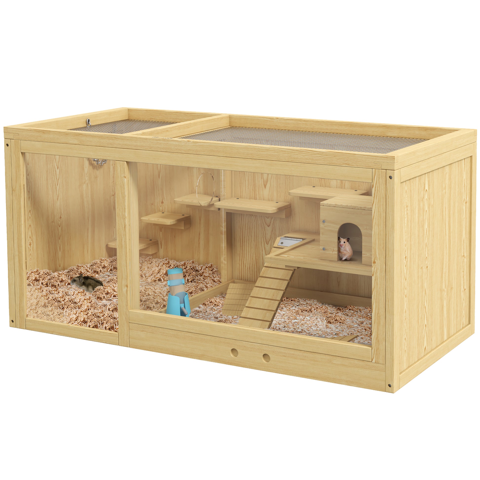 Photo of PawHut Wooden Hamster Cage with Water Bottle, Platforms, Openable Roof, Sliding Tray, Hut, Seesaws, Natural Wood Finish in Finish colour on a white background