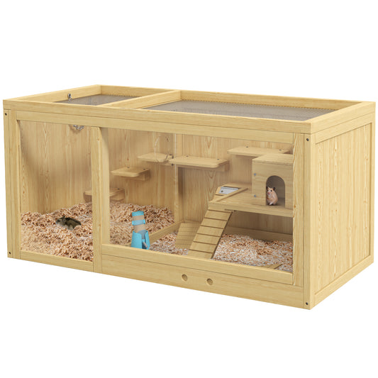 Photo of PawHut Wooden Hamster Cage with Water Bottle, Platforms, Openable Roof, Sliding Tray, Hut, Seesaws, Natural Wood Finish in Finish colour on a white background