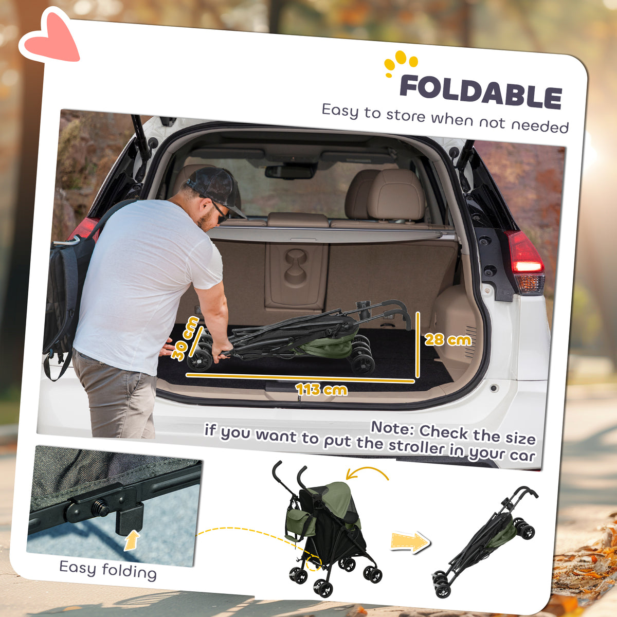 PawHut dog stroller folded for storage, with compact folded dimensions shown