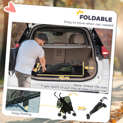 PawHut dog stroller folded for storage, with compact folded dimensions shown