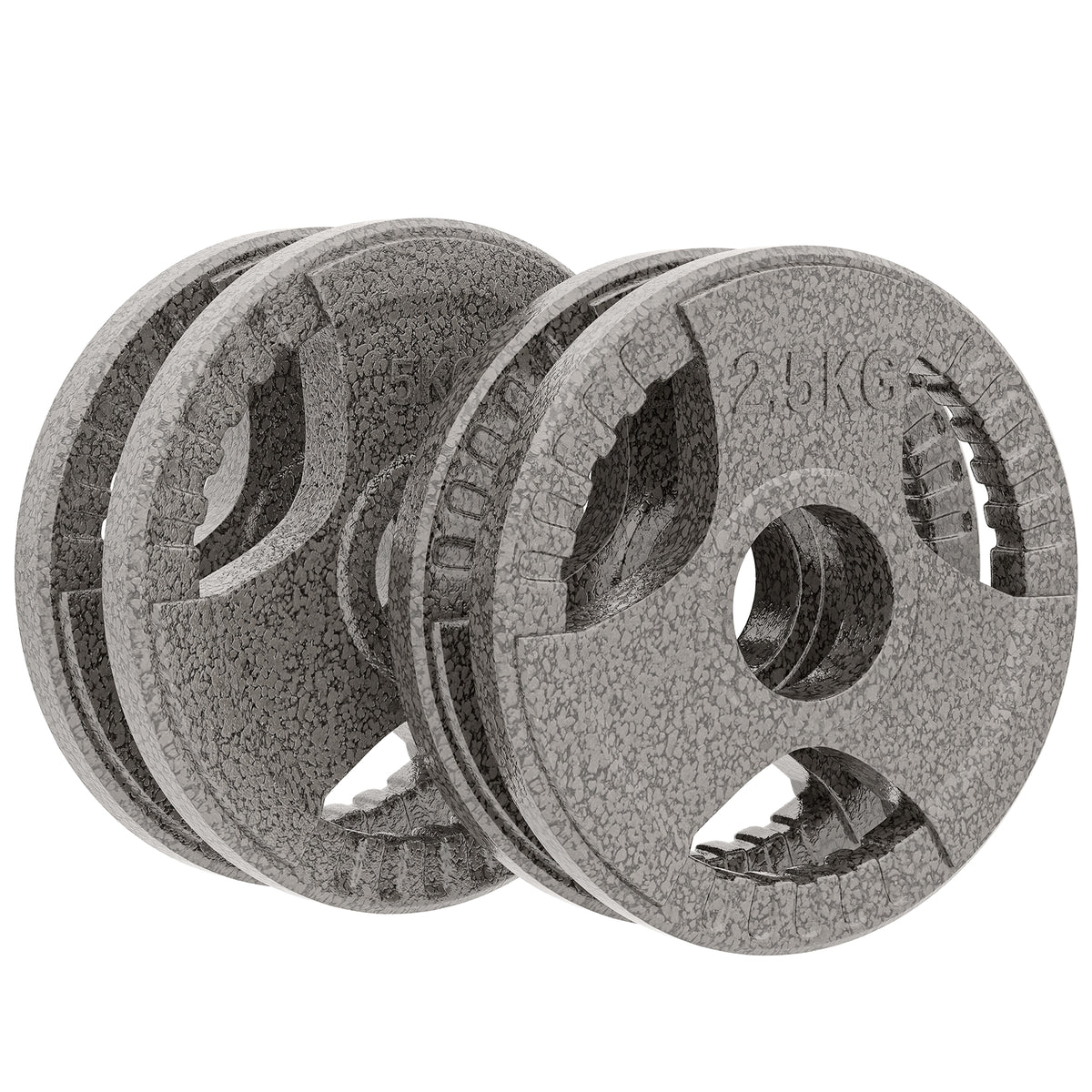 Four cast iron weight plates with center holes and three grip openings