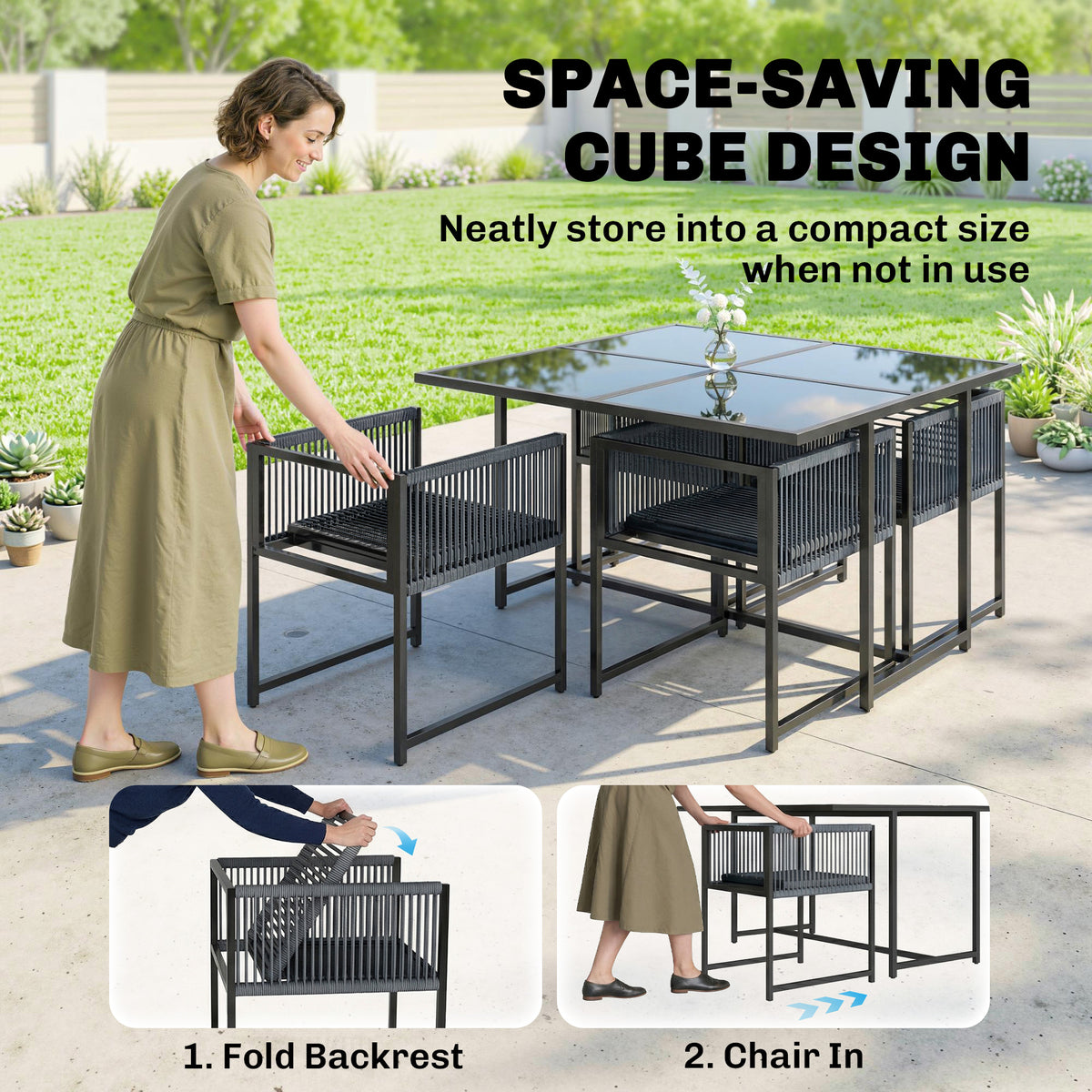 Outsunny 5 Pieces Garden Dining Set, Outdoor Patio Cube Set, 4 Seater Outdoor Table and Chairs with Foldable Backrest, Dark Grey