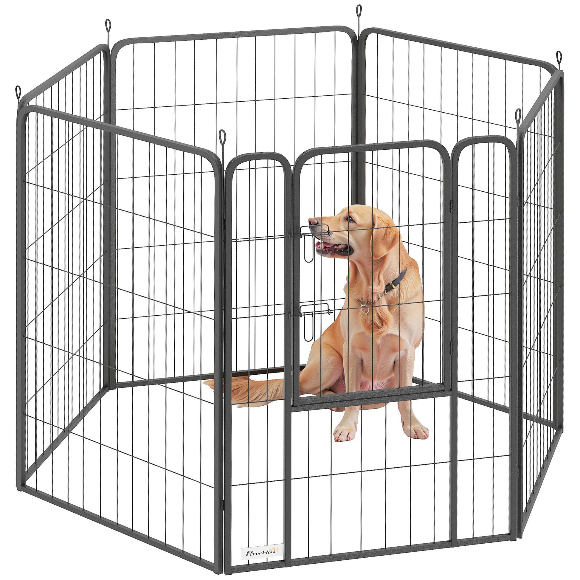 Photo of PawHut Six-Panel Dog Playpen with Door, for Large Dogs, Indoors, Outdoors, 100cm Tall, Black in Black colour on a white background
