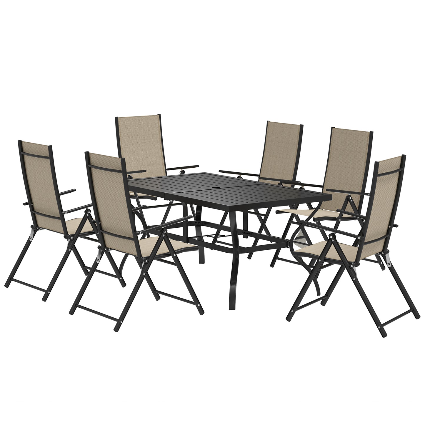 Photo of Outsunny Seven-Piece Steel Outdoor Dining Set, with Parasol Hole - Khaki in Khaki colour on a white background