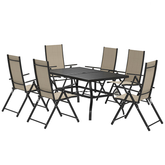 Photo of Outsunny Seven-Piece Steel Outdoor Dining Set, with Parasol Hole - Khaki in Khaki colour on a white background